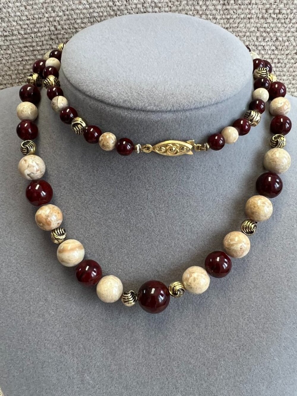 Vintage Style Red Cream Beaded Necklace Gold Tone Spacers Long Statement Jewelry